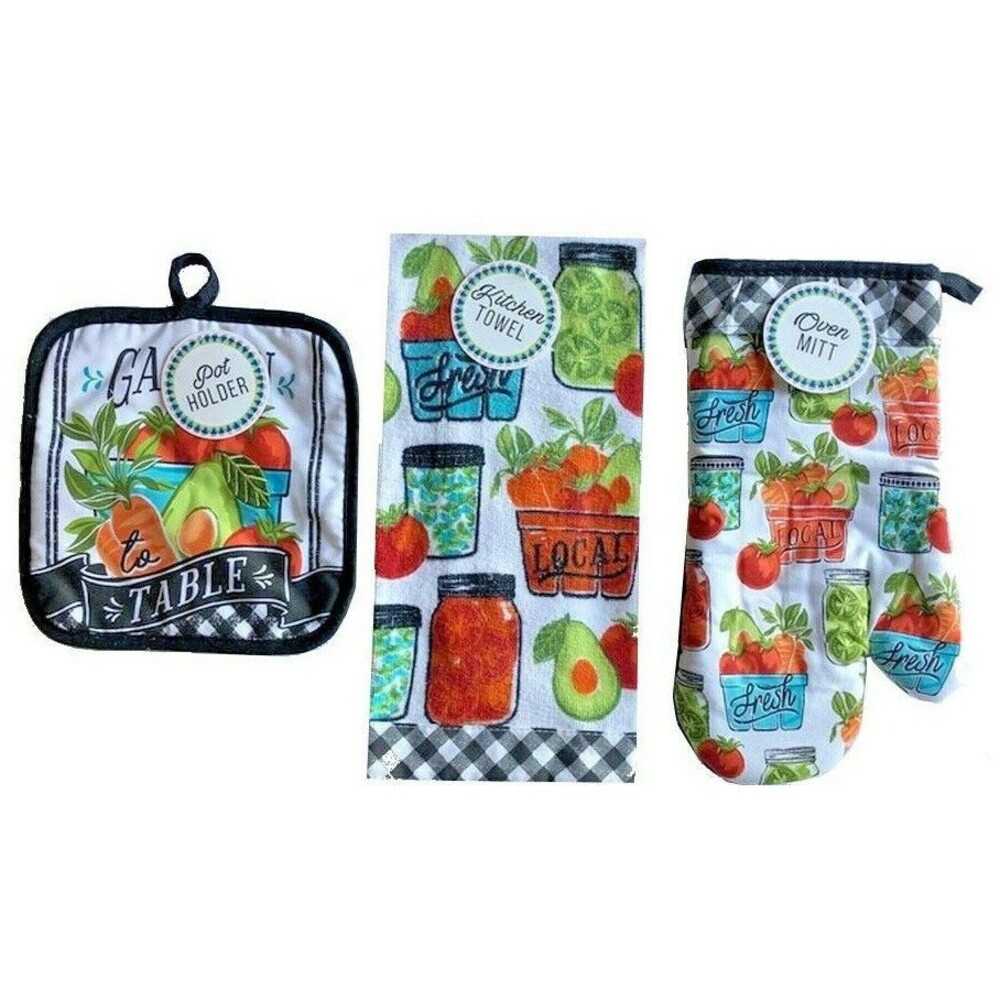 Garden Veggies Kitchen Towel Oven Mitt Potholder Set of 3 Buffalo Plaid Farm